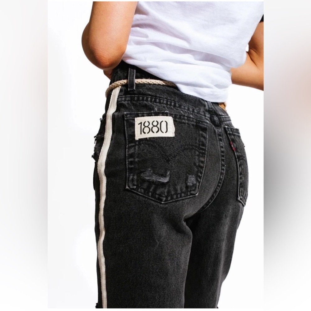Free People Riley Racing Jorts Short Denim Distressed Patchs RacingStripe Black - Picture 3 of 6